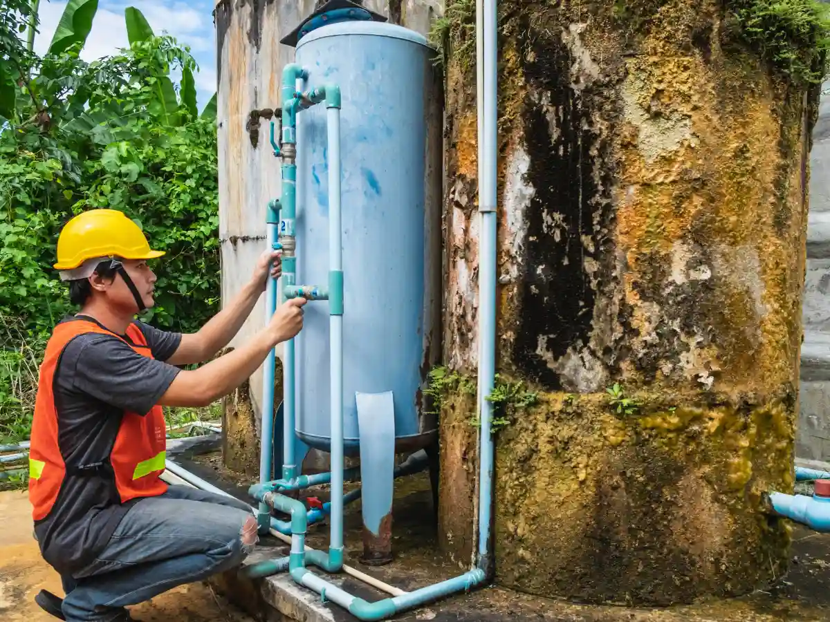 A technician checking a water heater leaking