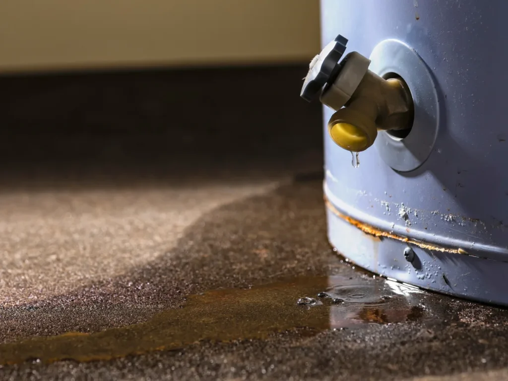 A close-up shot of a leaking water heater.