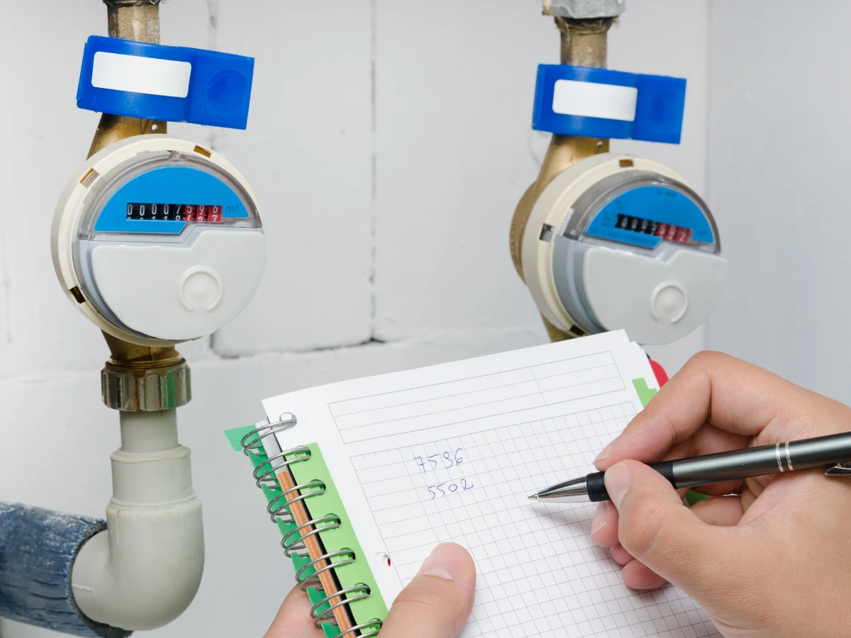 A close-up of two water meters and a person noting down consumption with a pen and notebook.
