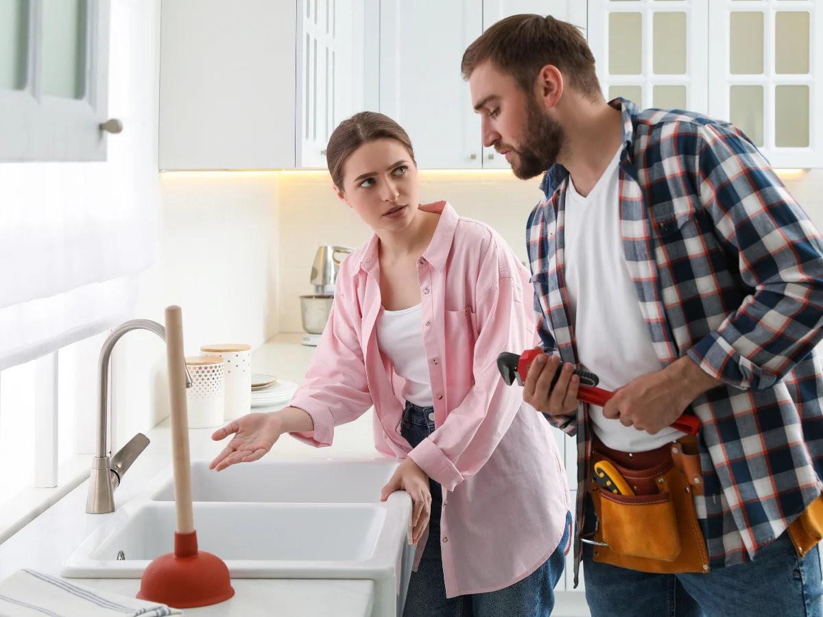 A woman consults a plumber about a gurgling noise coming from her sink