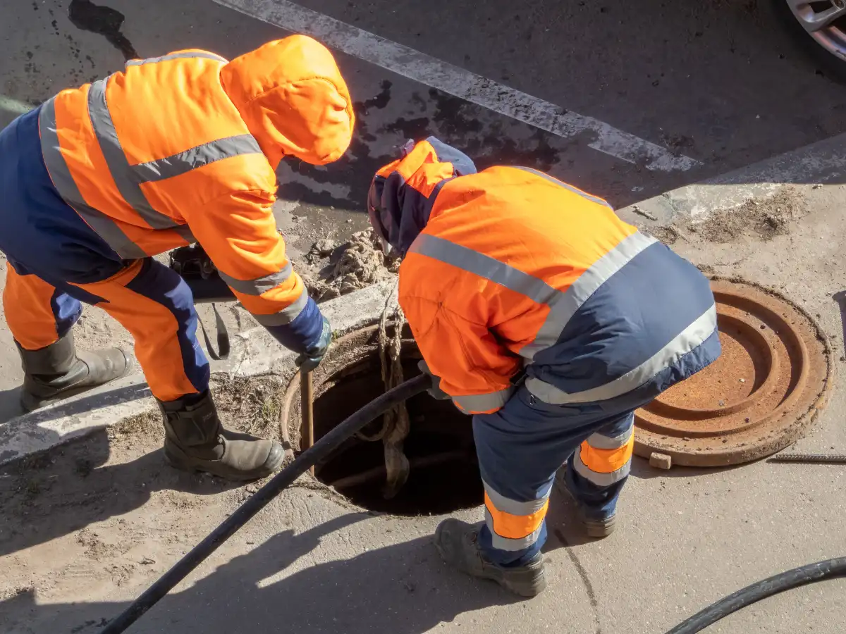 Two professional plumbers leaning over a sewage line during an inspection.