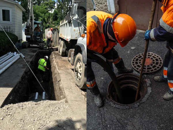 Side-by-side images of traditional trench digging (left) and trenchless sewer repair through a manhole (right).