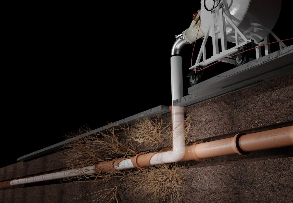 An illustration of the CIPP trenchless repair process, showing a resin liner being inserted into a buried sewer pipe
