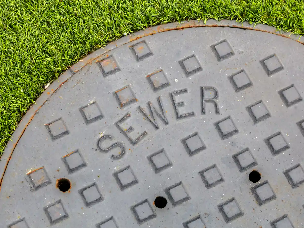 A close-up image of a sewer line cover.