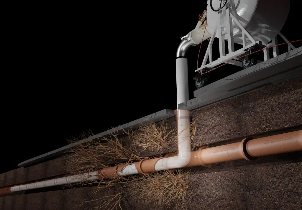 A graphic showing the CIPP inversion process, where a resin tube is inserted into a root-infested underground pipe.